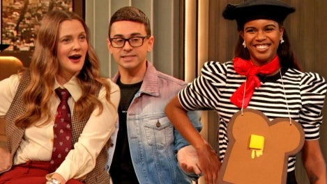 Drew and Christian Siriano and woman with French Toast costume